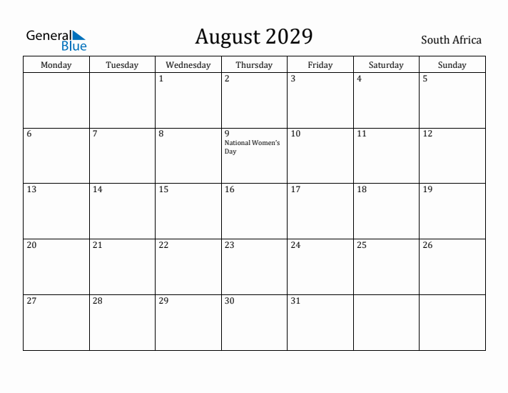 August 2029 Calendar South Africa