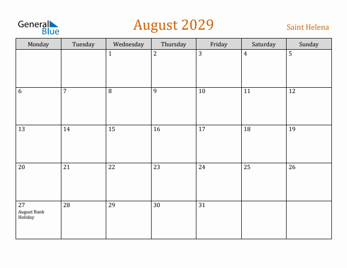 August 2029 Holiday Calendar with Monday Start