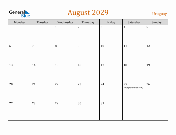August 2029 Holiday Calendar with Monday Start