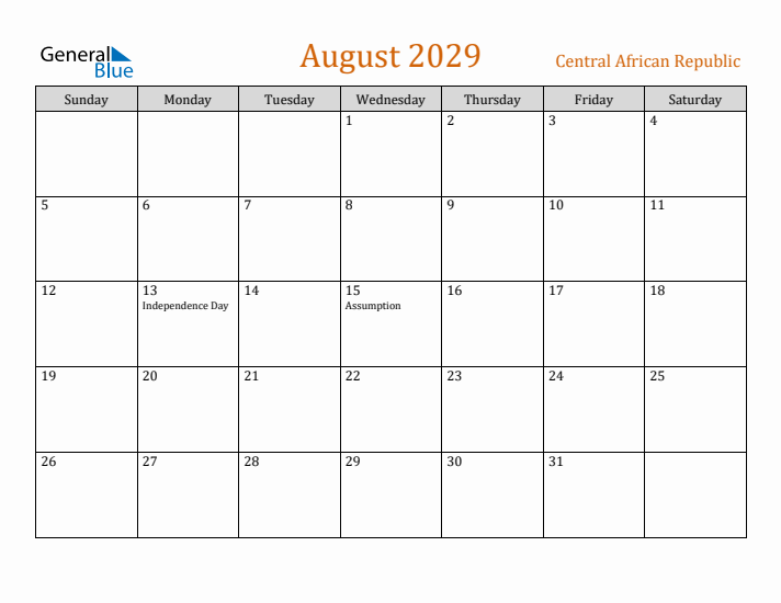 August 2029 Holiday Calendar with Sunday Start