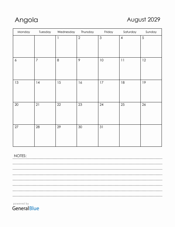 August 2029 Angola Calendar with Holidays (Monday Start)