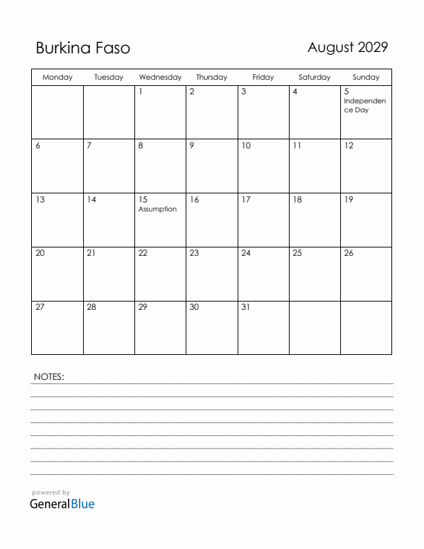 August 2029 Burkina Faso Calendar with Holidays (Monday Start)