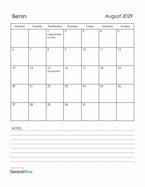 August 2029 Benin Calendar with Holidays (Monday Start)