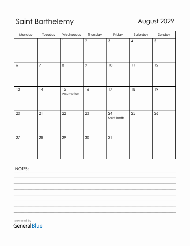 August 2029 Saint Barthelemy Calendar with Holidays (Monday Start)