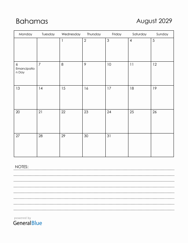 August 2029 Bahamas Calendar with Holidays (Monday Start)