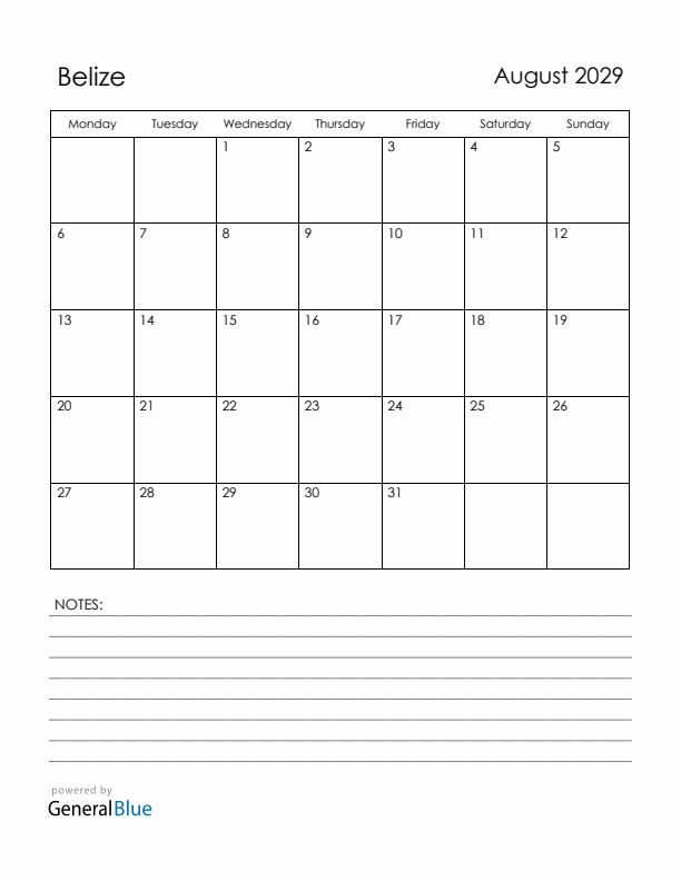 August 2029 Belize Calendar with Holidays (Monday Start)