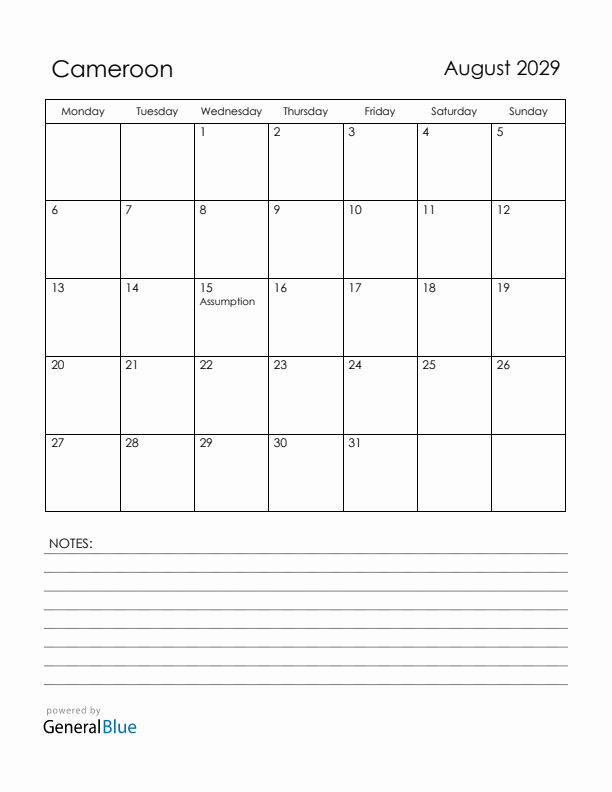 August 2029 Cameroon Calendar with Holidays (Monday Start)
