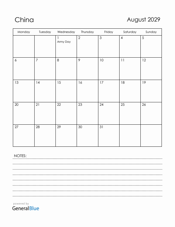 August 2029 China Calendar with Holidays (Monday Start)