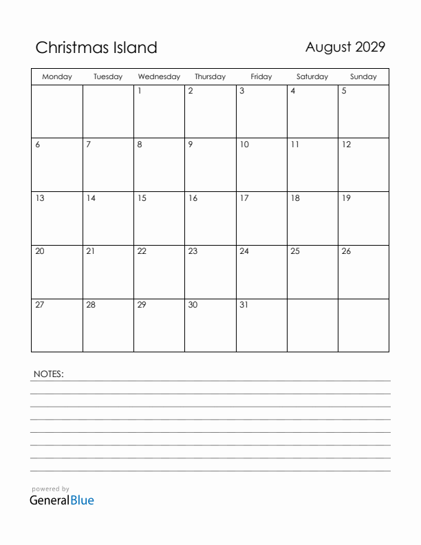 August 2029 Christmas Island Calendar with Holidays (Monday Start)