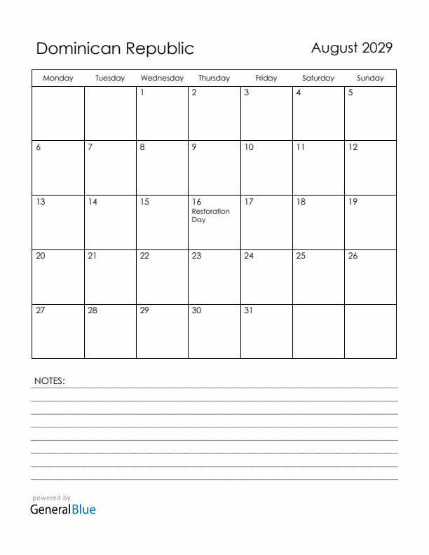 August 2029 Dominican Republic Calendar with Holidays (Monday Start)