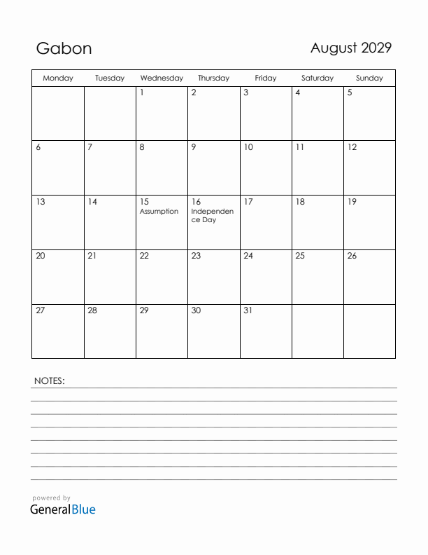 August 2029 Gabon Calendar with Holidays (Monday Start)