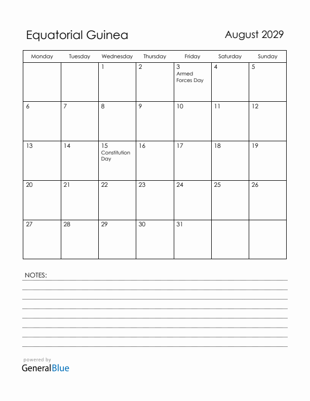 August 2029 Equatorial Guinea Calendar with Holidays (Monday Start)