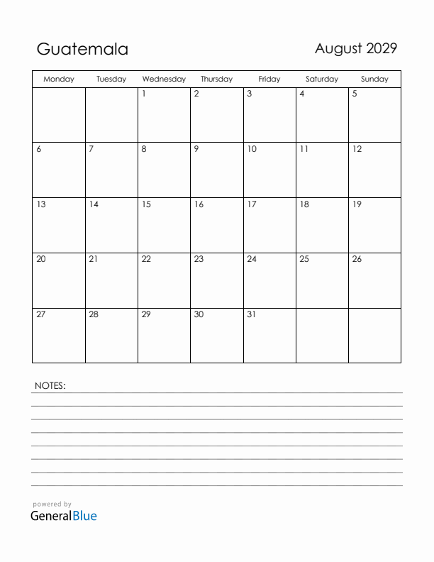 August 2029 Guatemala Calendar with Holidays (Monday Start)
