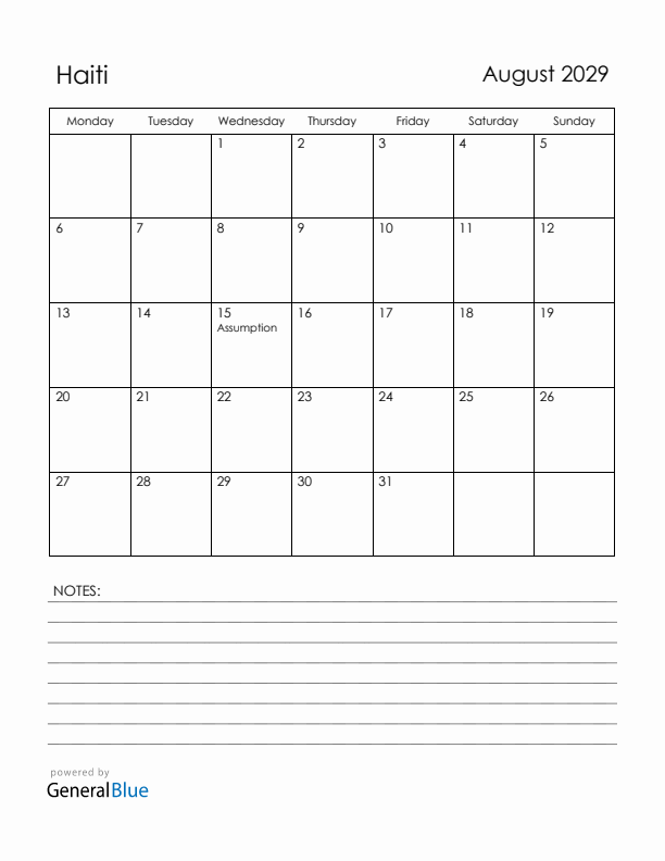 August 2029 Haiti Calendar with Holidays (Monday Start)
