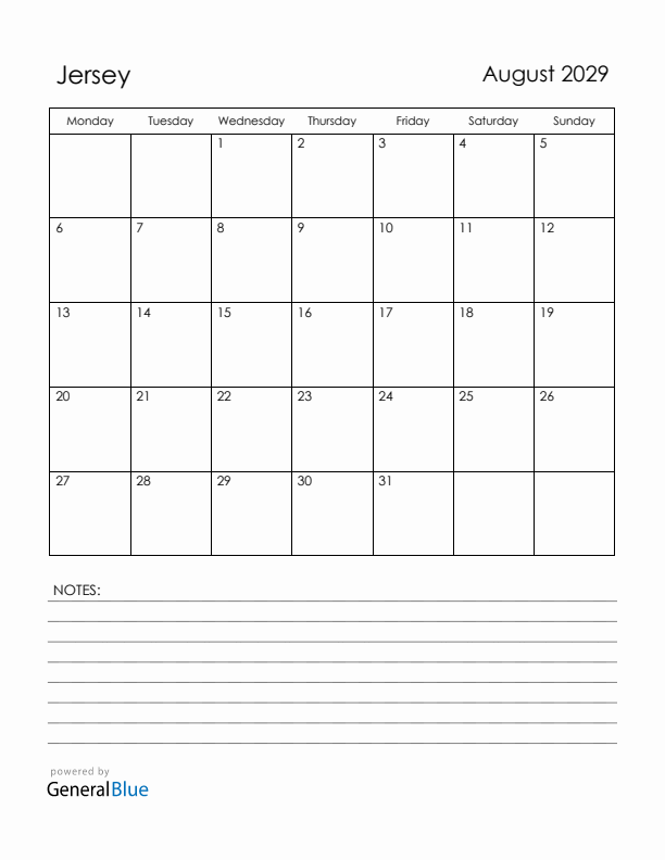 August 2029 Jersey Calendar with Holidays (Monday Start)