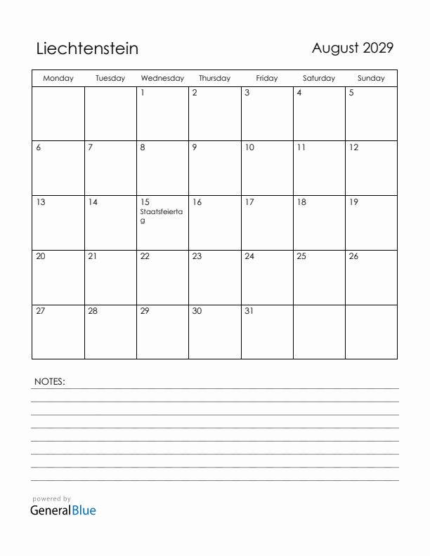 August 2029 Liechtenstein Calendar with Holidays (Monday Start)