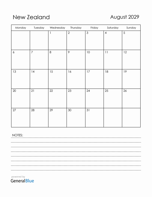 August 2029 New Zealand Calendar with Holidays (Monday Start)