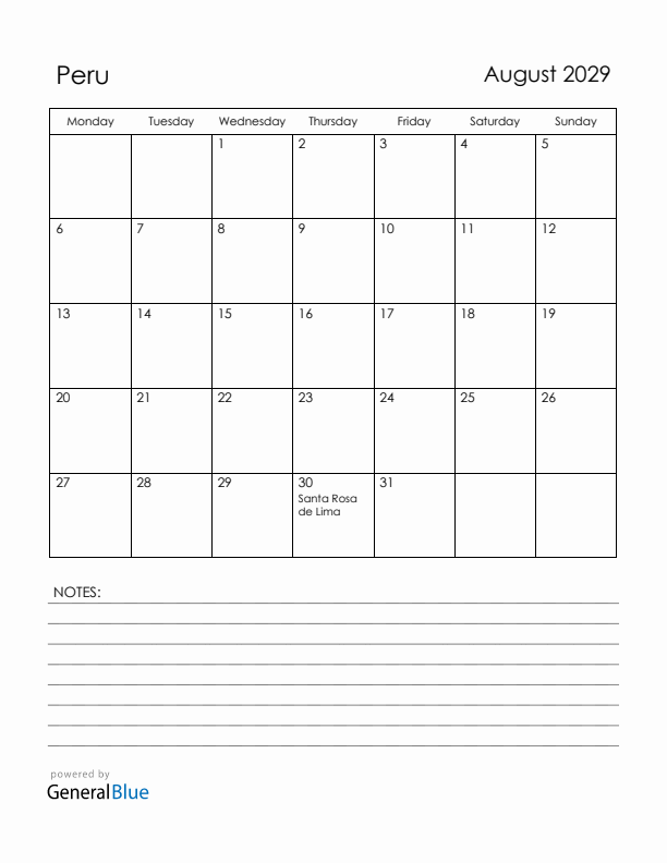 August 2029 Peru Calendar with Holidays (Monday Start)