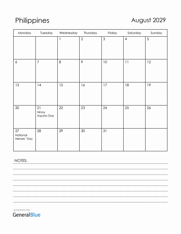 August 2029 Philippines Calendar with Holidays (Monday Start)