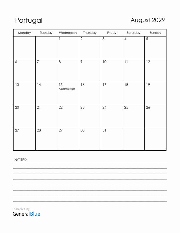 August 2029 Portugal Calendar with Holidays (Monday Start)