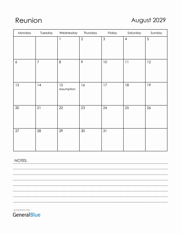 August 2029 Reunion Calendar with Holidays (Monday Start)