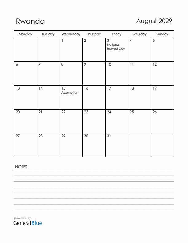 August 2029 Rwanda Calendar with Holidays (Monday Start)