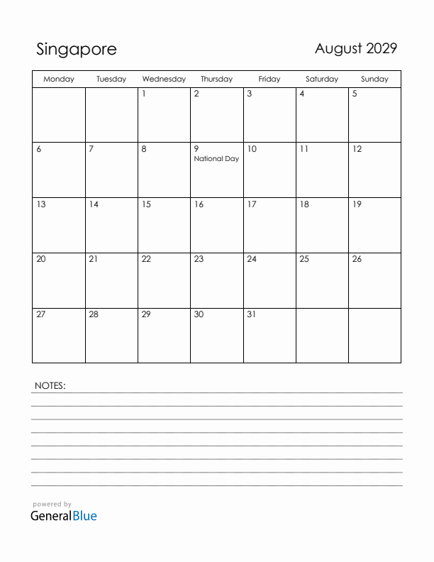 August 2029 Singapore Calendar with Holidays (Monday Start)