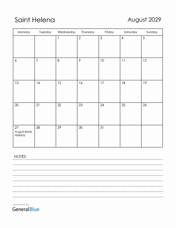 August 2029 Saint Helena Calendar with Holidays (Monday Start)