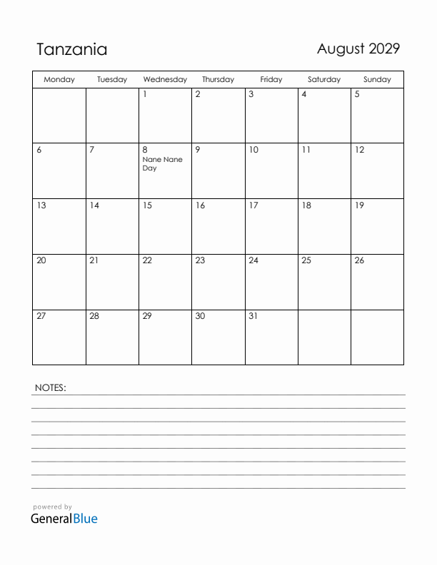 August 2029 Tanzania Calendar with Holidays (Monday Start)