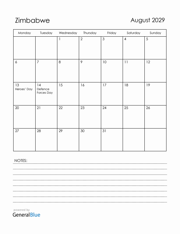 August 2029 Zimbabwe Calendar with Holidays (Monday Start)
