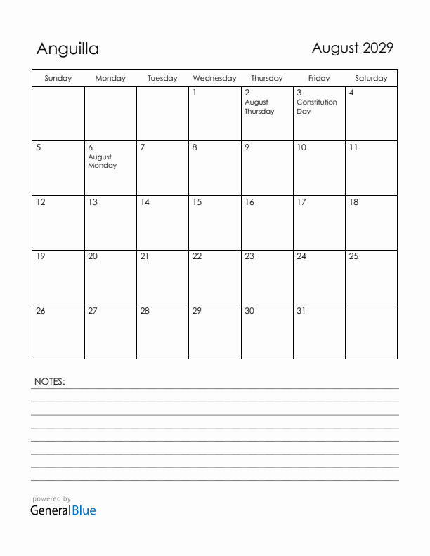 August 2029 Anguilla Calendar with Holidays (Sunday Start)