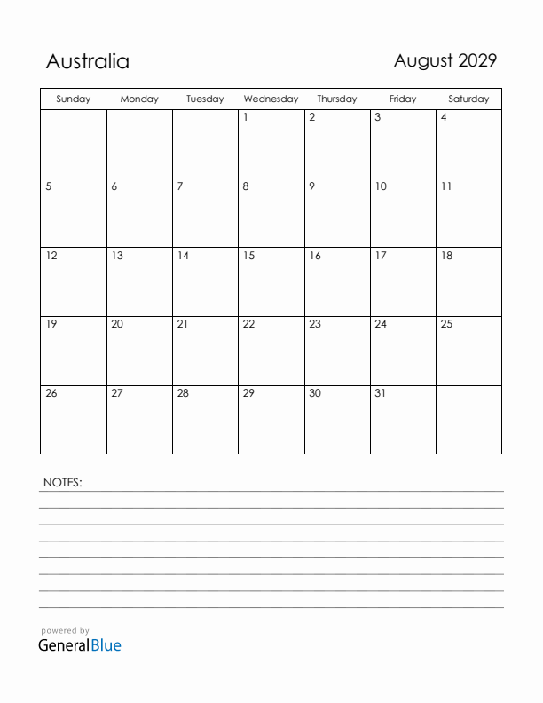 August 2029 Australia Calendar with Holidays (Sunday Start)