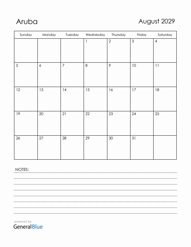 August 2029 Aruba Calendar with Holidays (Sunday Start)