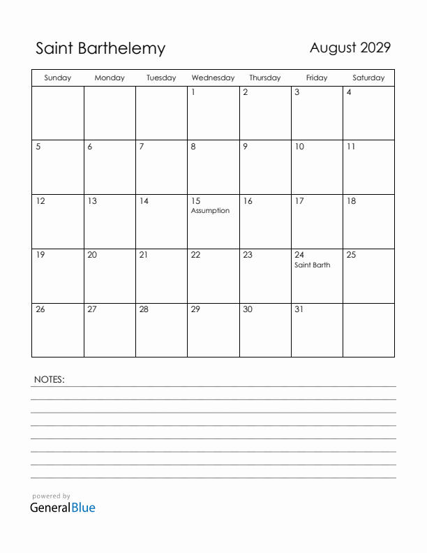 August 2029 Saint Barthelemy Calendar with Holidays (Sunday Start)