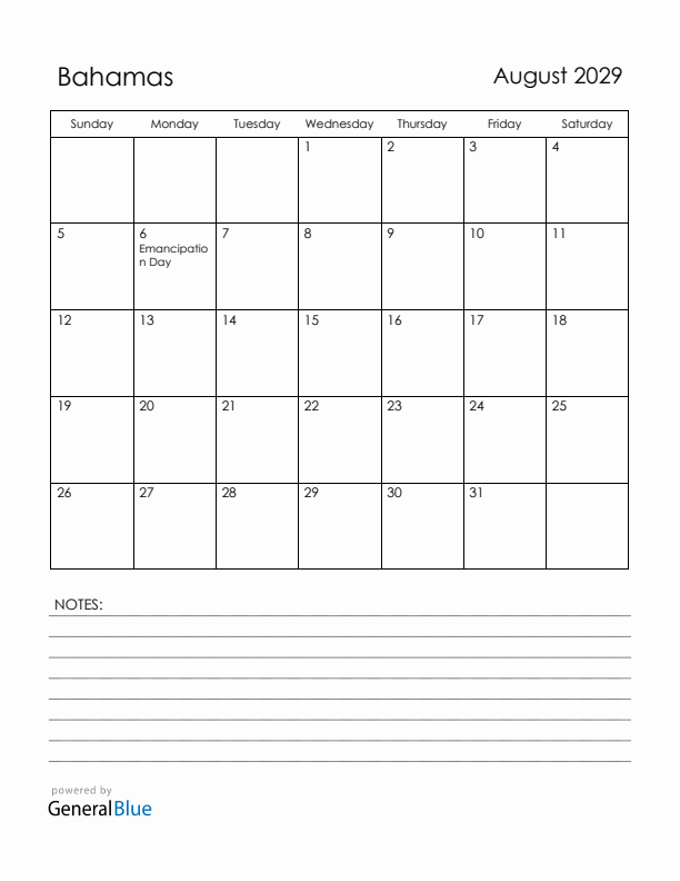 August 2029 Bahamas Calendar with Holidays (Sunday Start)