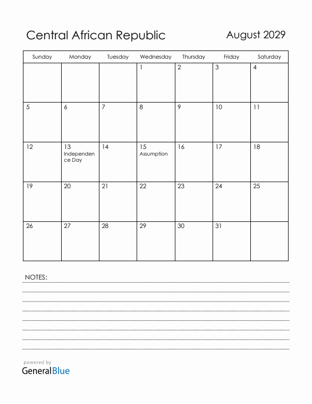 August 2029 Central African Republic Calendar with Holidays (Sunday Start)