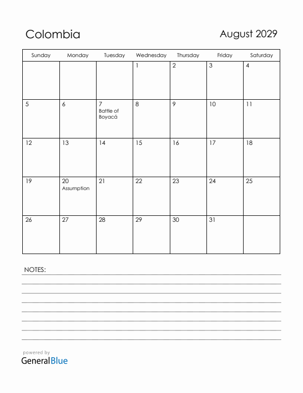 August 2029 Colombia Calendar with Holidays (Sunday Start)