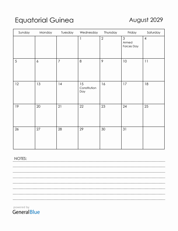 August 2029 Equatorial Guinea Calendar with Holidays (Sunday Start)