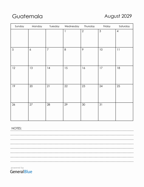 August 2029 Guatemala Calendar with Holidays (Sunday Start)