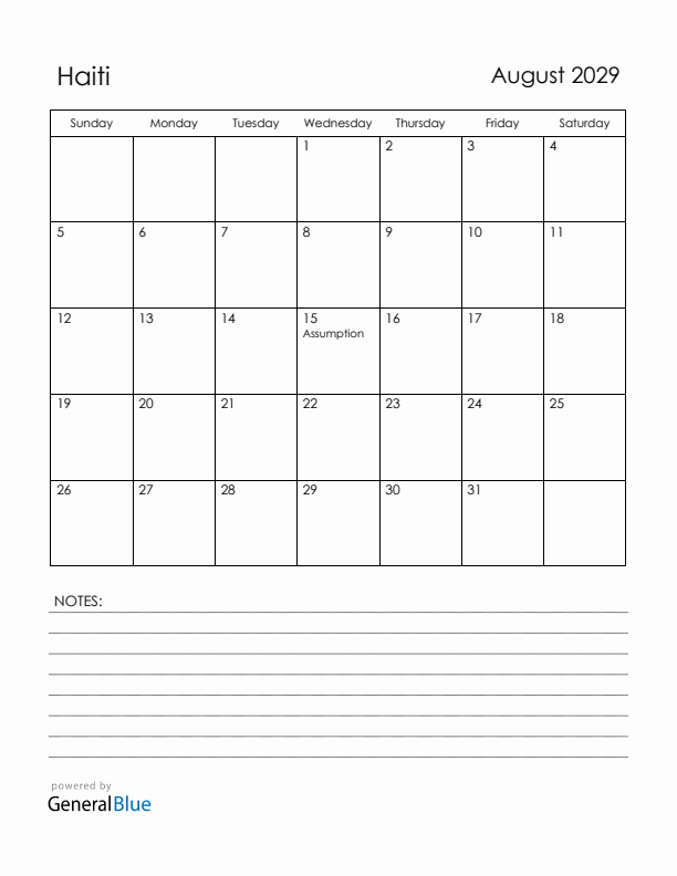 August 2029 Haiti Calendar with Holidays (Sunday Start)