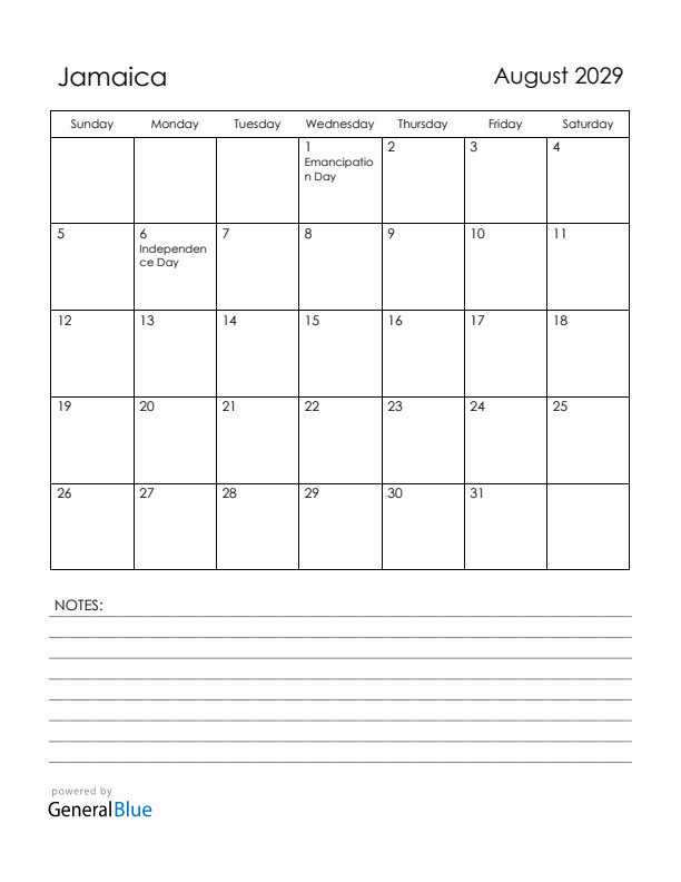 August 2029 Jamaica Calendar with Holidays (Sunday Start)