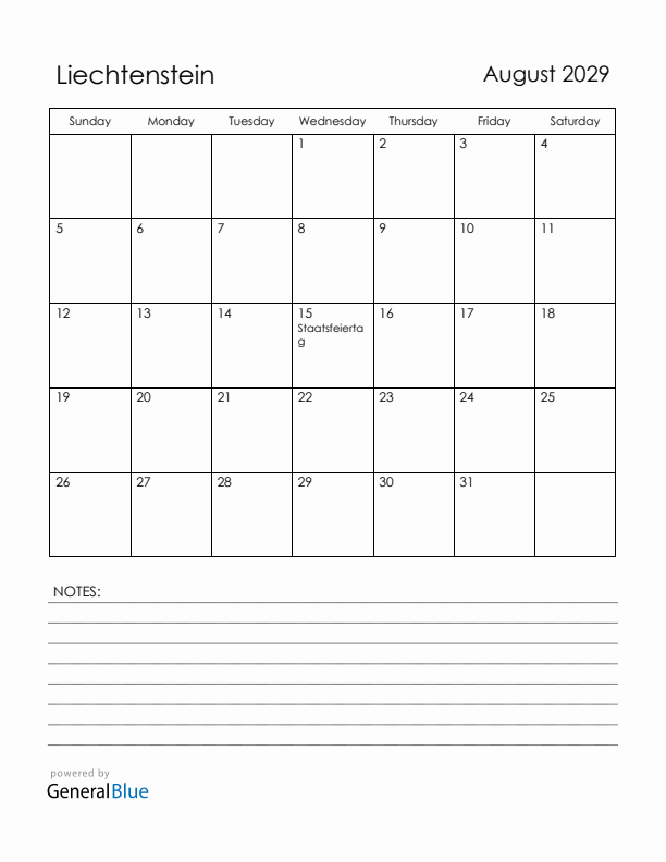 August 2029 Liechtenstein Calendar with Holidays (Sunday Start)