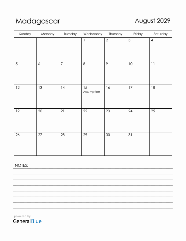 August 2029 Madagascar Calendar with Holidays (Sunday Start)