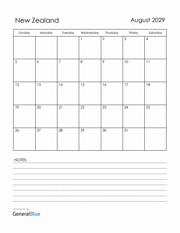 August 2029 New Zealand Calendar with Holidays (Sunday Start)
