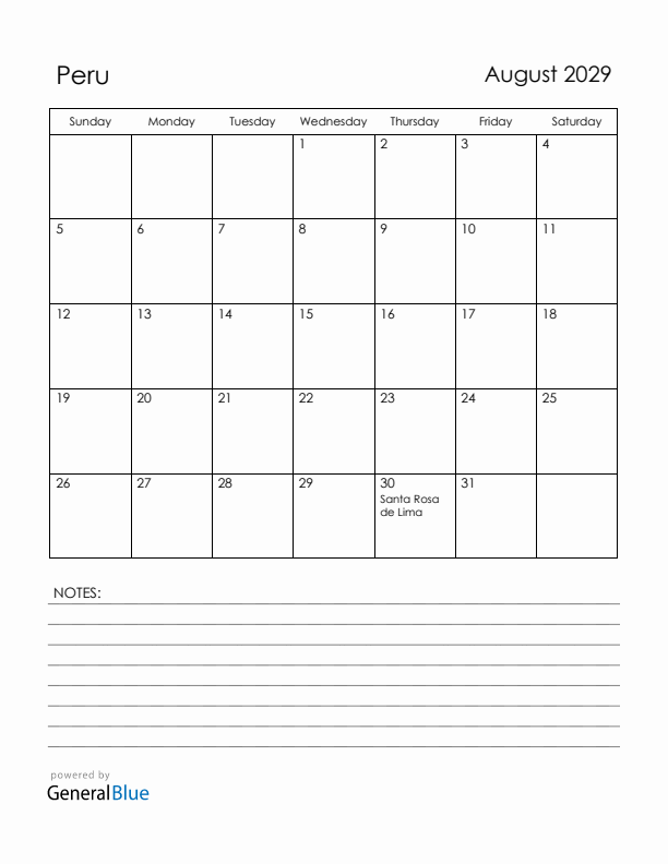 August 2029 Peru Calendar with Holidays (Sunday Start)
