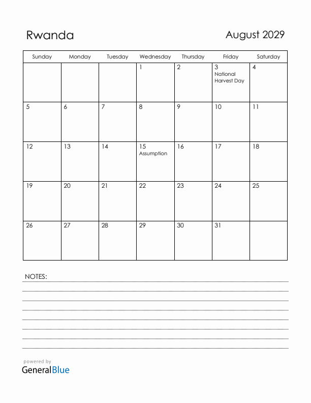 August 2029 Rwanda Calendar with Holidays (Sunday Start)