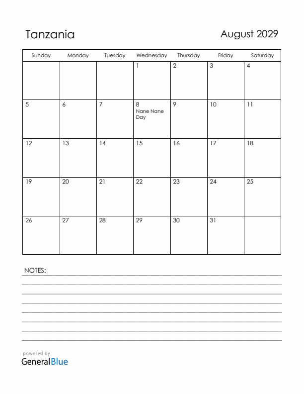 August 2029 Tanzania Calendar with Holidays (Sunday Start)