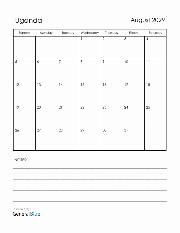 August 2029 Uganda Calendar with Holidays (Sunday Start)