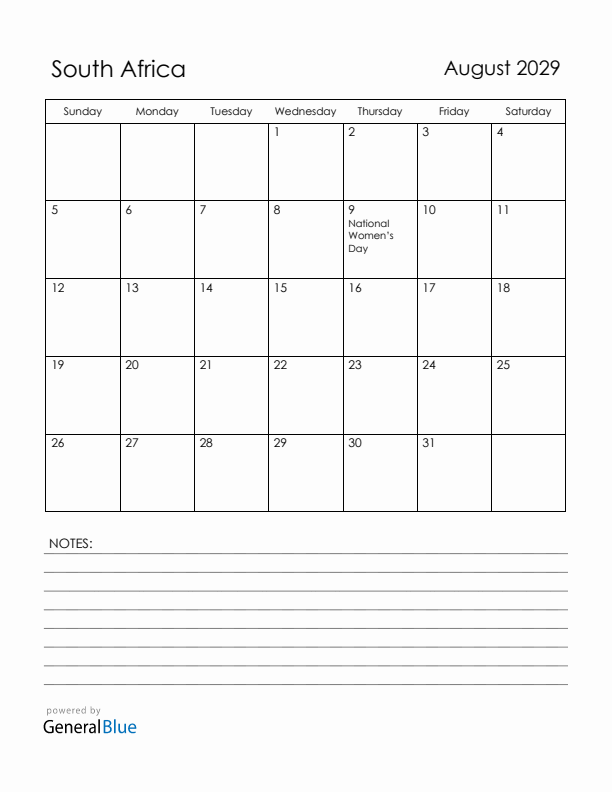 August 2029 South Africa Calendar with Holidays (Sunday Start)