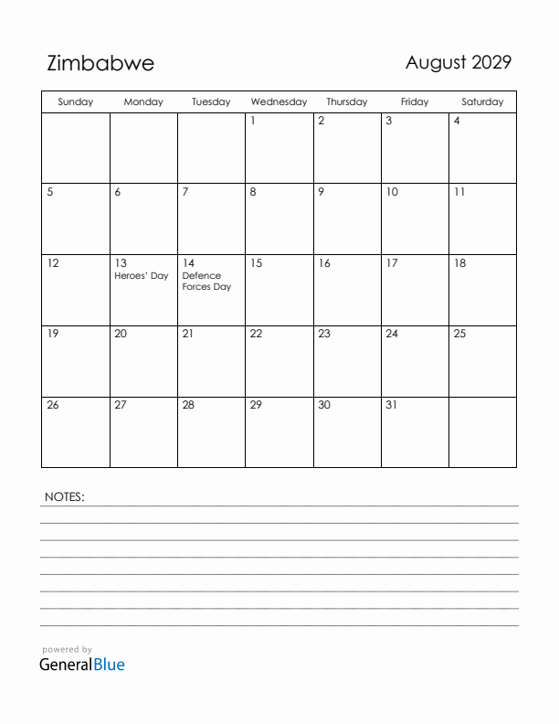 August 2029 Zimbabwe Calendar with Holidays (Sunday Start)